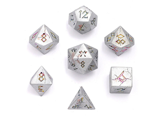 Gamers Guild AZ HYMGHO HYMGHO Dice: HY00358 - Barbarian Solid Metal Polyhedral Dice Set - Matte Silver and Rainbow HYMGHO