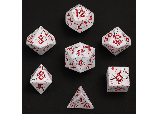 Gamers Guild AZ HYMGHO HYMGHO Dice: HY00384 - Barbarian Solid Metal Polyhedral Dice Set - Matte White with Blood Red HYMGHO