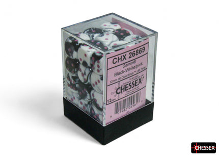 Chessex Dice: Black-White/Pink Gemini 12mm d6 Dice Block (36 dice) – 26869