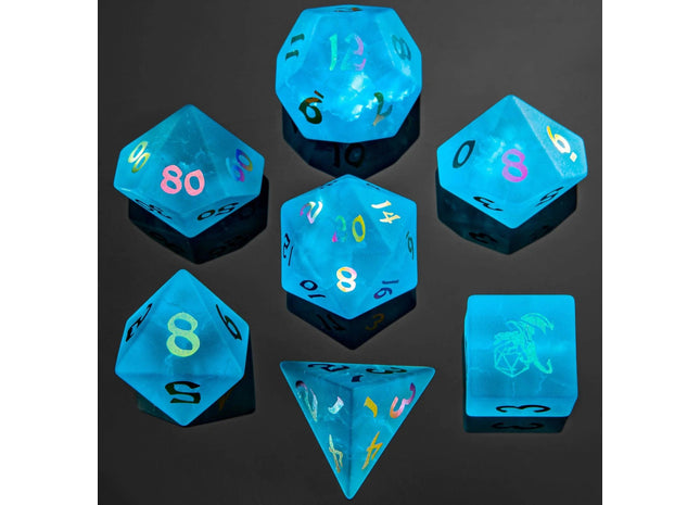 Gamers Guild AZ HYMGHO HYMGHO Dice: BRB022 - Dragon's Hoard Gem Stone Polyhedral Dice Set - Sea Blue HYMGHO