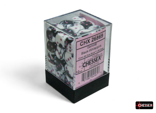 Gamers Guild AZ Chessex Chessex Dice: Black-White/Pink Gemini 12mm d6 Dice Block (36 dice) – 26869 Chessex