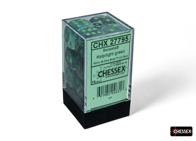 Gamers Guild AZ Chessex Chessex Dice: Borealis Kelp/light green Luminary 16mm d6 Dice Block (12 dice) Chessex