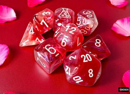 Gamers Guild AZ Chessex Chessex Dice: Borealis Passion/white Luminary Polyhedral 7-Dice Set (with bonus die) Chessex