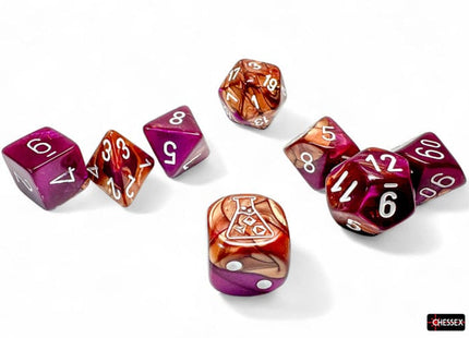 Gamers Guild AZ Chessex Chessex Dice: Gemini Copper-Purple/white Polyhedral 7-Dice Set (with bonus die) Chessex