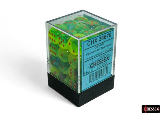 Gamers Guild AZ Chessex Chessex Dice: Gemini Plasma Green-Teal/orange Luminary 12mm d6 Dice Block (36 dice) Chessex