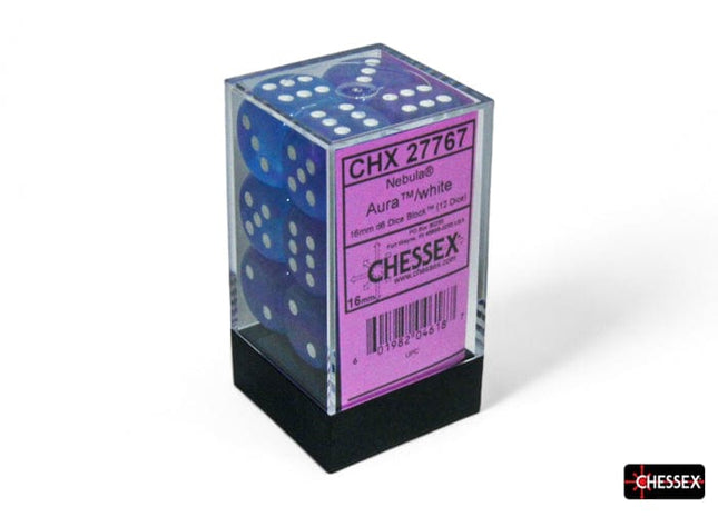 Gamers Guild AZ Chessex Chessex Dice: Nebula Aura/white Luminary 16mm d6 Dice Block (12 dice) Chessex