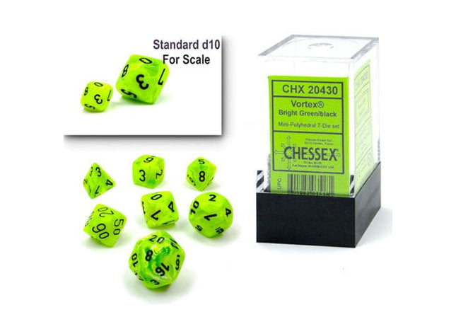 Gamers Guild AZ Chessex CHX20430: 7-Die Set Mini Vortex: Bright Green/Black Chessex