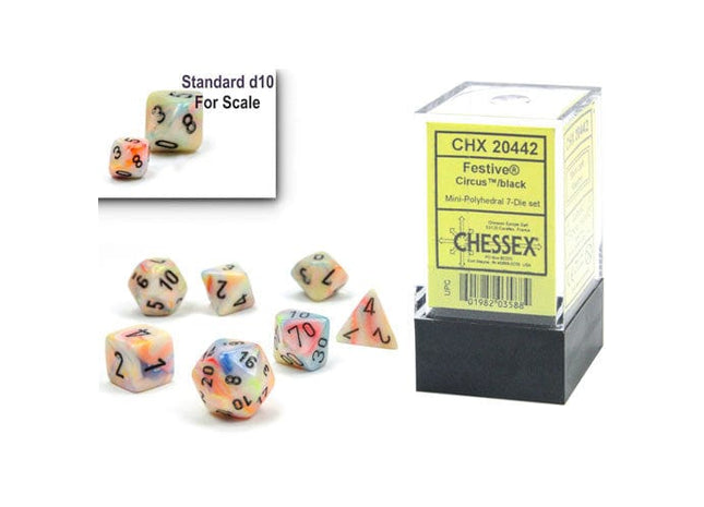 Gamers Guild AZ Chessex CHX20442: 7-Die Set Mini Festive: Circus/Black Chessex