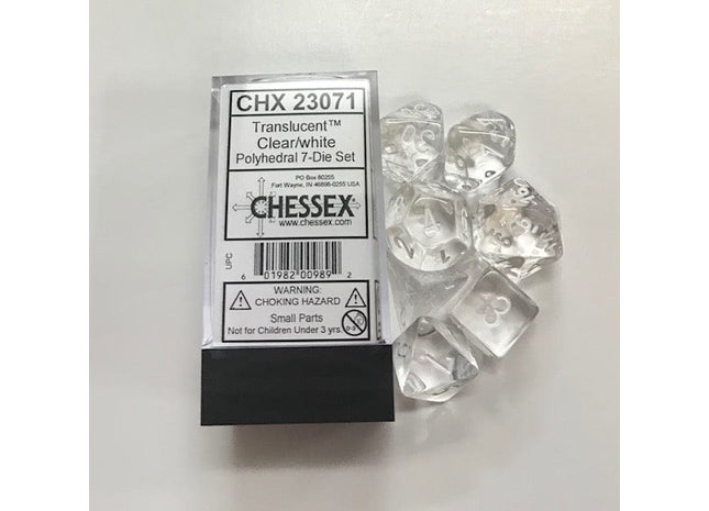 Gamers Guild AZ Chessex CHX23071 7-Die Set Translucent Clear/White Chessex