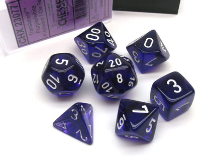 Gamers Guild AZ Chessex CHX23077 - Chessex 7 Die Set Transparent Purple/White Chessex