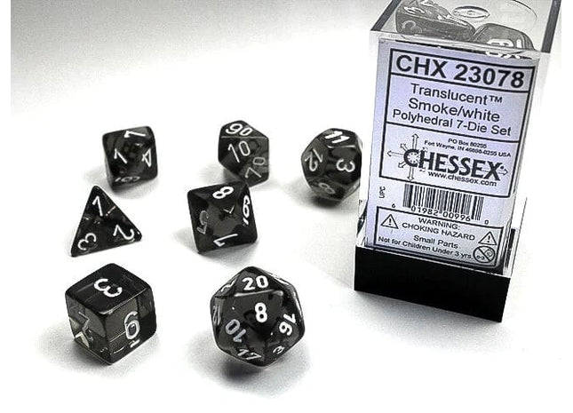 Gamers Guild AZ Chessex CHX23078: 7-Die Set Translucent: Smoke/White Chessex