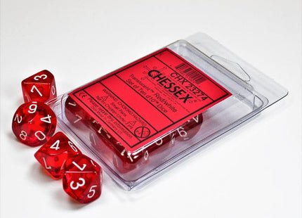 Gamers Guild AZ Chessex CHX23274 - Chessex Set of Ten D10 Translucent Red / White Chessex
