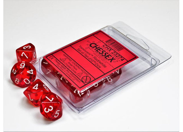 Gamers Guild AZ Chessex CHX23274 - Chessex Set of Ten D10 Translucent Red / White Chessex