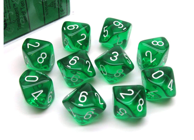 Gamers Guild AZ Chessex CHX23275 - Chessex Set of Ten d10 Translucent Green / White Chessex