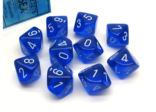 Gamers Guild AZ Chessex CHX23276 - Chessex Set of Ten D10 Translucent Blue / White Chessex