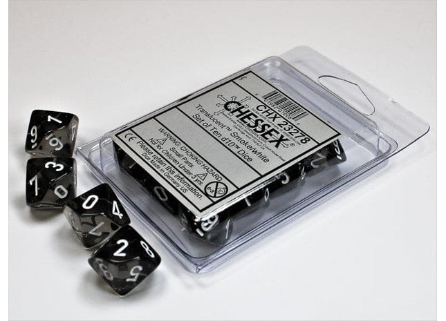 Gamers Guild AZ Chessex CHX23278 - Chessex Set of Ten D10 Translucent Smoke / White Chessex