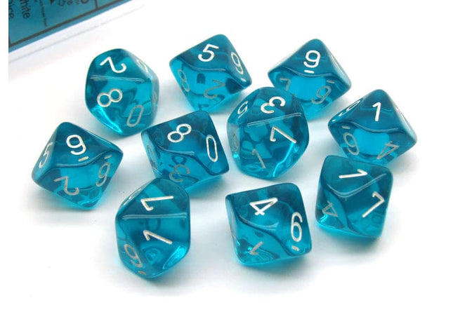 Gamers Guild AZ Chessex CHX23285 - Chessex Set of Ten D10 Translucent Teal / White Chessex