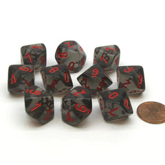 Gamers Guild AZ Chessex CHX23288 - Chessex Set of Ten D10 Translucent Smoke / Red Chessex