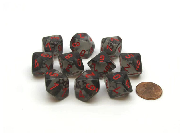 Gamers Guild AZ Chessex CHX23288 - Chessex Set of Ten D10 Translucent Smoke / Red Chessex