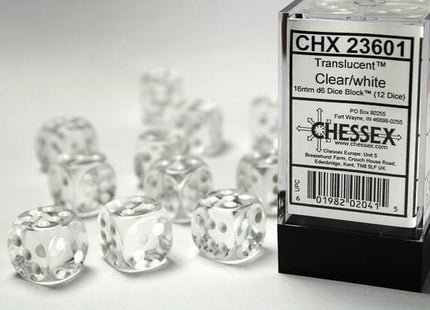 Gamers Guild AZ Chessex CHX23601 - Chessex 16mm D6 Translucent Clear/white Chessex