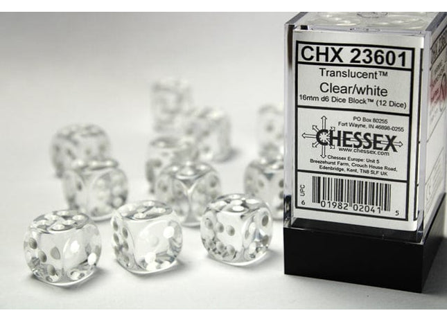 Gamers Guild AZ Chessex CHX23601 - Chessex 16mm D6 Translucent Clear/white Chessex