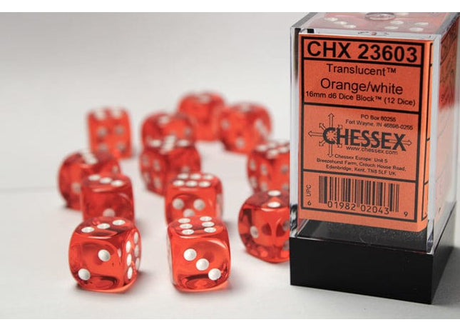 Gamers Guild AZ Chessex CHX23603 - Chessex 16mm D6 Translucent Orange/white Chessex