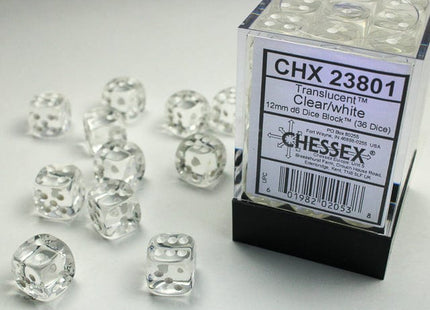 Gamers Guild AZ Chessex CHX23801 -  Chessex 12mm D6  Clear/White Translucent Chessex