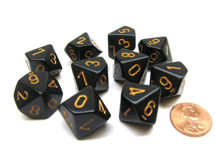 Gamers Guild AZ Chessex CHX25228 - Chessex Set of Ten d10 Opaque Black / Gold Chessex