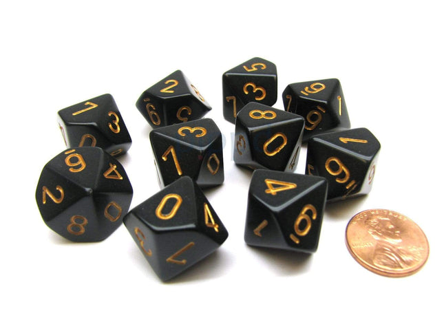 Gamers Guild AZ Chessex CHX25228 - Chessex Set of Ten d10 Opaque Black / Gold Chessex