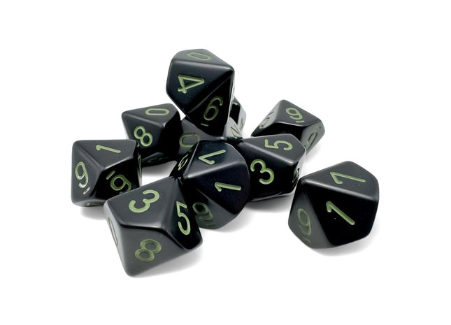 Gamers Guild AZ Chessex CHX25258 - Chessex Set of Ten d10 Opaque Black/green (Pre-Order) Chessex