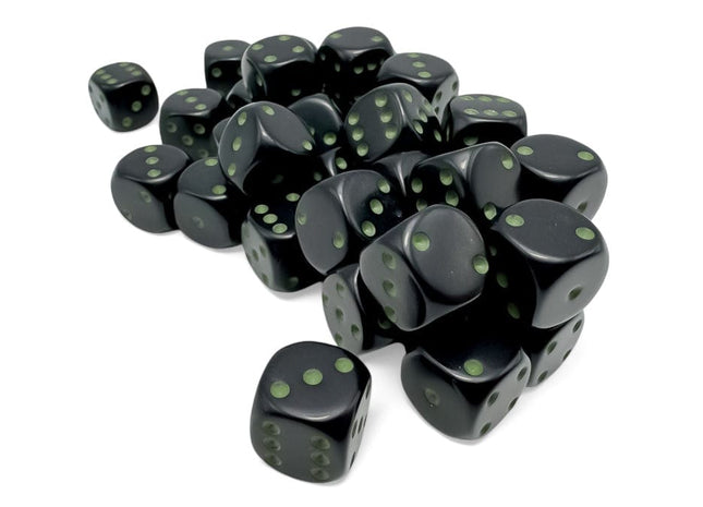 Gamers Guild AZ Chessex CHX25858 - Opaque: 12mm d6 Black/green Dice Block (36 dice) (Pre-Order) Chessex