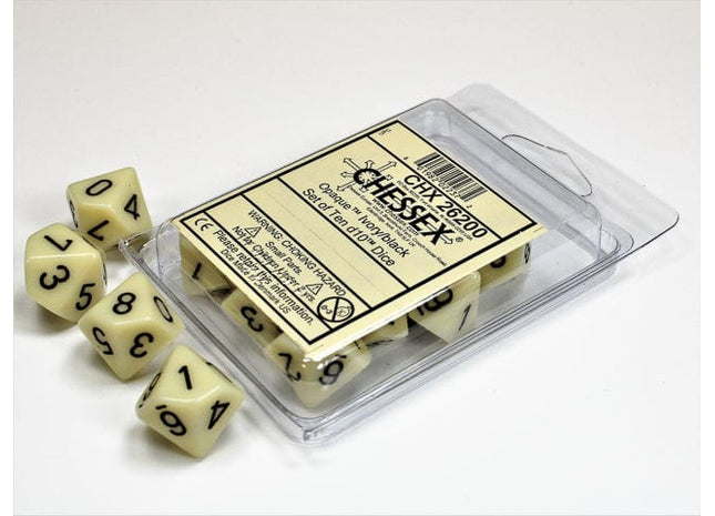 Gamers Guild AZ Chessex CHX26200 - Chessex Set of Ten D10 Opaque Ivory / Black Chessex