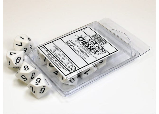 Gamers Guild AZ Chessex CHX26201 - Chessex Set of Ten D10 Opaque White / Black Chessex