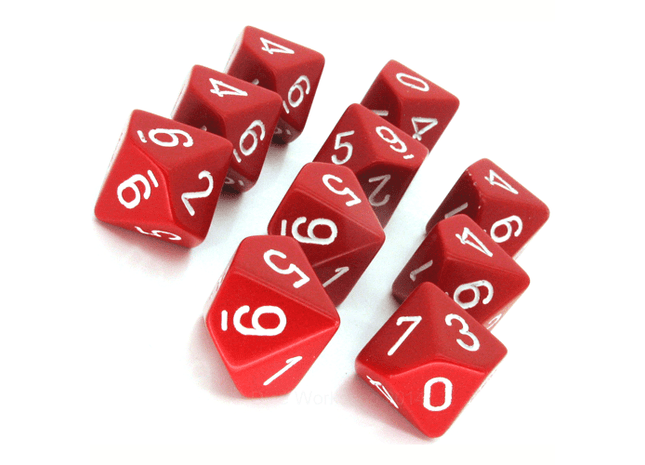 Gamers Guild AZ Chessex CHX26204 - Chessex Set of Ten d10 Opaque Red/White Chessex
