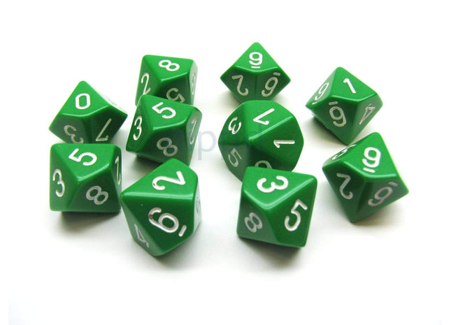 Gamers Guild AZ Chessex CHX26205 - Chessex Set of Ten d10 Opaque Green / White Chessex