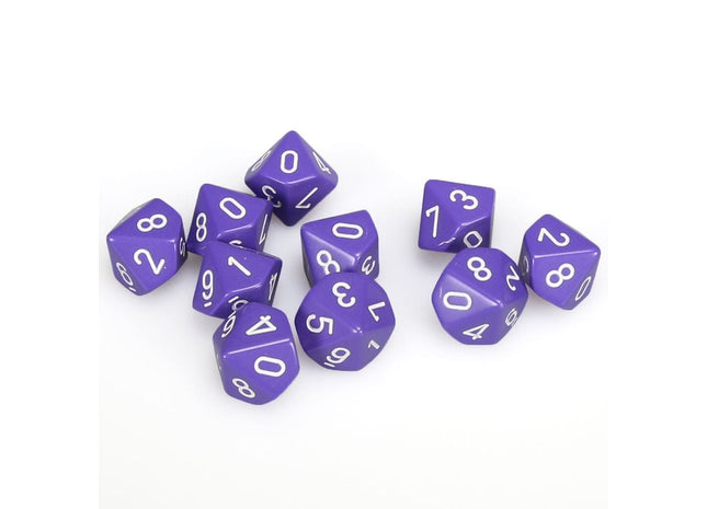 Gamers Guild AZ Chessex CHX26207: Chessex D10 Opaque Purple/White Set of Ten ACD Distribution