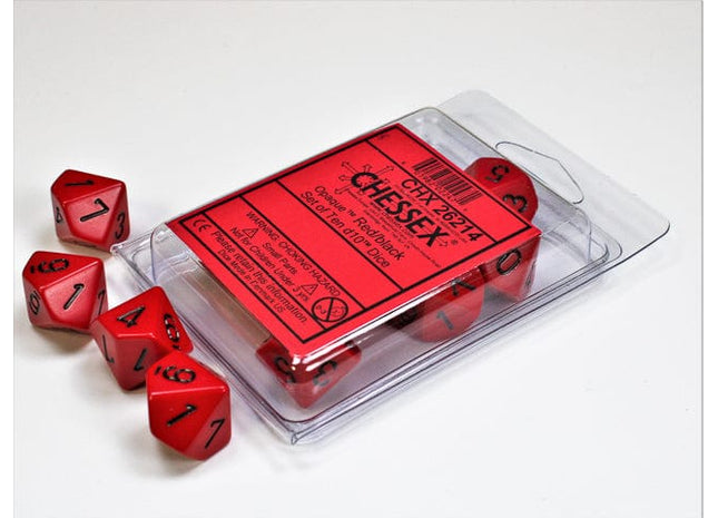 Gamers Guild AZ Chessex CHX26214 - Chessex Set of Ten D10 Opaque Red/ Black Chessex