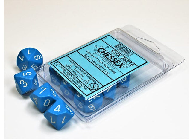 Gamers Guild AZ Chessex CHX26216 - Chessex Set of Ten D10 Opaque Light Blue / White Chessex