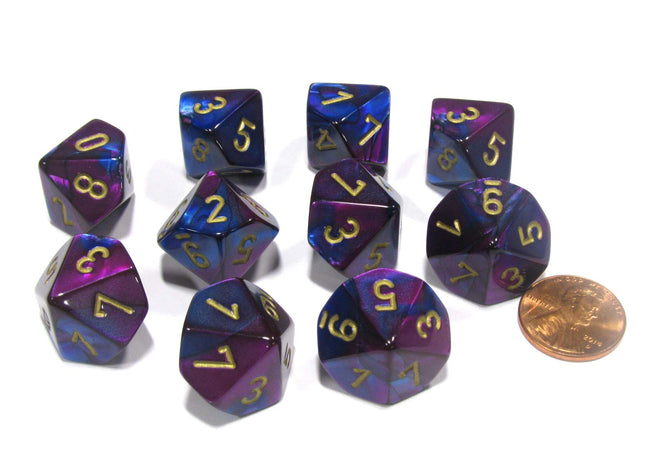 Gamers Guild AZ Chessex CHX26228 - Chessex Set of Ten d10 Gemini Blue-Purple / Gold Chessex