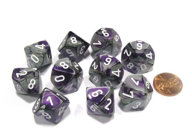 Gamers Guild AZ Chessex CHX26232 - Chessex Set of Ten D10 Gemini Purple Steel / White Chessex