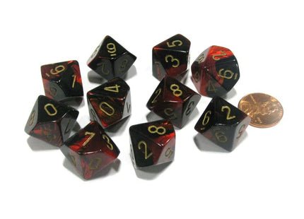 Gamers Guild AZ Chessex CHX26233 - Chessex Set of Ten D10 Gemini Black Red / Gold Chessex