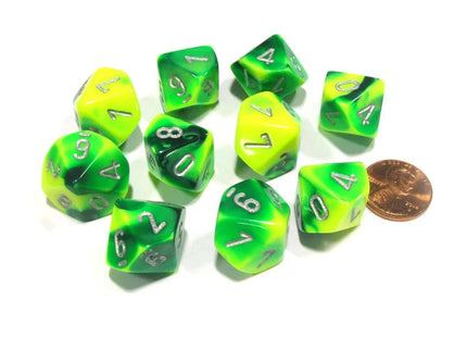 Gamers Guild AZ Chessex CHX26254 - Chessex Set of Ten D10 Gemini Green Yellow / Silver Chessex