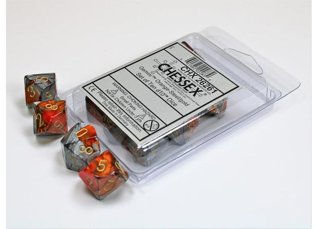 Gamers Guild AZ Chessex CHX26261 - Chessex Set of Ten D10 Gemini Orange Steel / Gold Discontinue