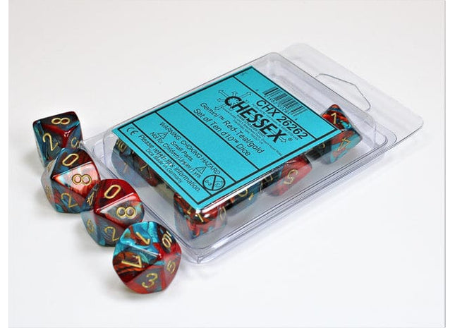 Gamers Guild AZ Chessex CHX26262 - Chessex Set of Ten D10 Gemini Red Teal / Gold Chessex