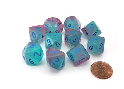 Gamers Guild AZ Chessex CHX26264 - Chessex Set of Ten D10 Gemini Luminary Gel Green Pink / Blue Chessex