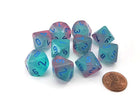 Gamers Guild AZ Chessex CHX26264 - Chessex Set of Ten D10 Gemini Luminary Gel Green Pink / Blue Chessex