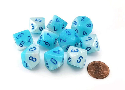 Gamers Guild AZ Chessex CHX26265 - Chessex Set of Ten D10 Gemini Pearl Turquoise White / Blue Chessex