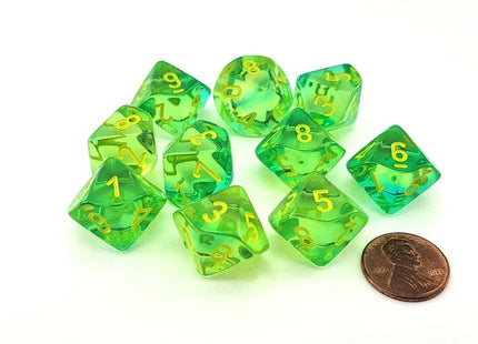 Gamers Guild AZ Chessex CHX26266 - Chessex Set of Ten D10 Gemini Translucent Green Teal / Yellow Chessex