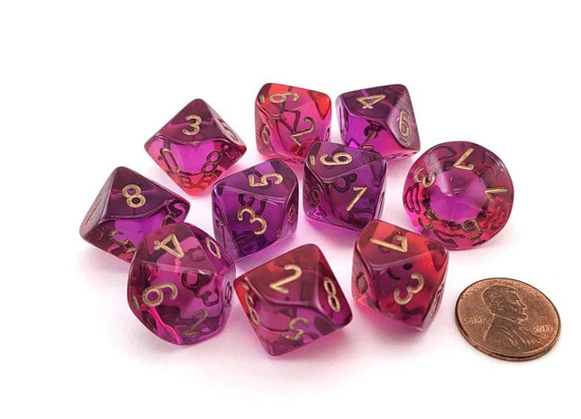 Gamers Guild AZ Chessex CHX26267 - Chessex Set of Ten D10 Gemini Translucent Red Violet / Gold Chessex