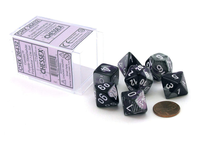 Gamers Guild AZ Chessex CHX26432 - Chessex 7 Die Set Purple Steel/White Gemini Chessex